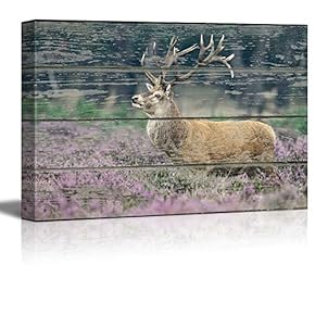 Canvas Wall Art - Elk Deer in The Woods on Vintage Wood Textured Background - Rustic Country Style Modern Giclee Print Gallery Wrap Home Art Ready to Hang - 12" x 18"
