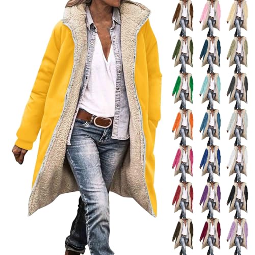 Cocila Winter Coats for Women UK Casual Warm Fleece Lined Overcoat Outerwear Full Zip Hooded Long Jackets Ladies Long Sleeve Down Jacket Longline Padded Puffer Coat Cardigans Yellow XL