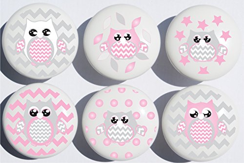 Pink Owl Drawer Pulls / Owl Ceramic Nursery Drawer Knobs, Set of 6 (Pink Owls)
