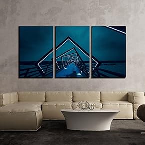 3 Piece Canvas Wall Art - Futuristic Bridge at Night - Modern Home Art Stretched and Framed Ready to Hang - 16"x24"x3 Panels