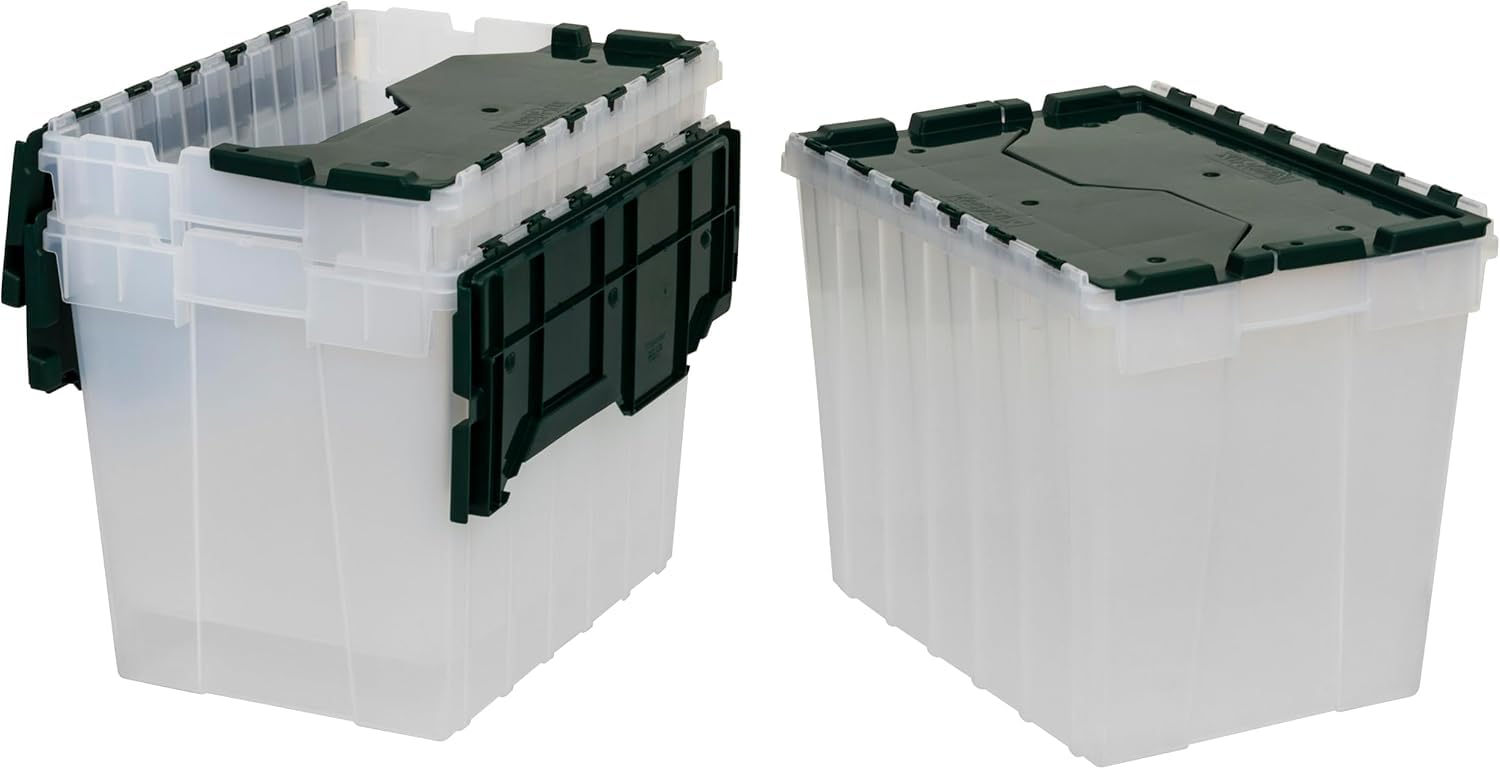 Photo 1 of *See Clerk Notes*
Akro-Mils KeepBox 18 Gallon Storage Container, Nesting and Stackable Plastic Storage Box with Lid Attached, Clear Tote for Garages, Closets, and Moving, 21" x 15" x 17", Clear/Green, 3-Pack