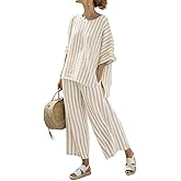 chouyatou Women's Cotton 2 Piece Striped Outfits 3/4 Sleeve Shirt and Wide Leg Pant Matching Sets Loungewear