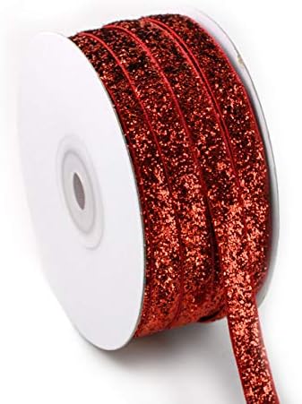 3/8" (9mm) 20 Yards Roll Polyester Glitter Ribbon Sparkle Metallic Cheer Velvet Ribbon (Red)