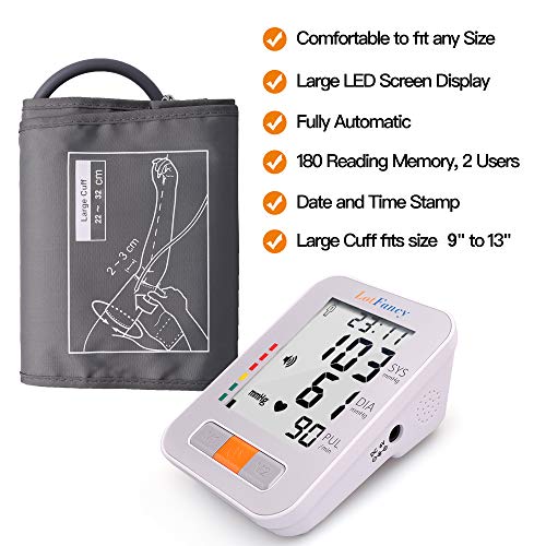 LotFancy Blood Pressure Monitor, Automatic BP Cuff Machine Kit, Digital Upper Arm Gauge Accurate Tester, BP Meter for Irregular Heart Detection – 2 User, 180 Sets Memory, M Cuff (9”-13”)