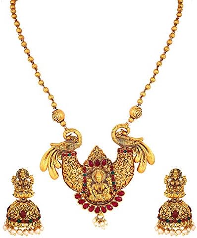 Temple South Indian Red Green Peacock Goddess Laxmi Matte Gold Pearl Traditional Mala Necklace Jewellery Sets Jhumki Earrings for Women Girls-NL-A385