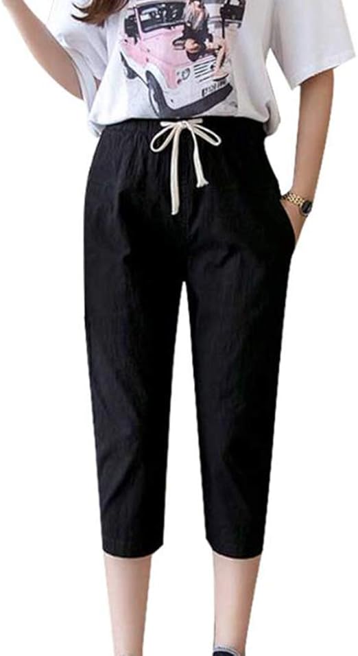 Amazon Qyyクロップドパンツ レディース 綿 麻 ハーフパンツ カジュアル 無地 半ズボン 大きいサイズ テーパードパンツ 薄手 ウェストゴム 短パン 夏 ショートパンツ 通販