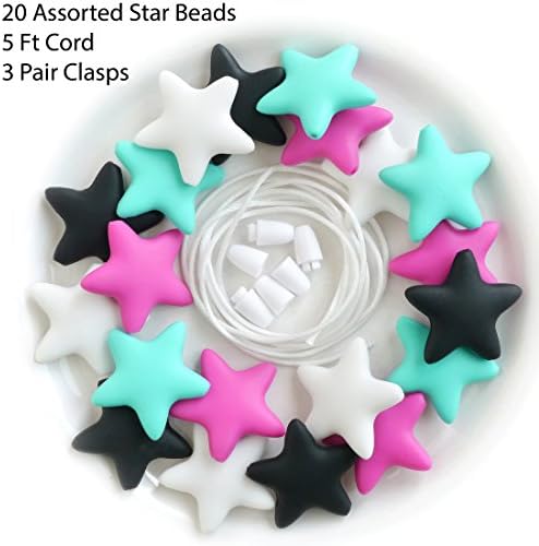 20 Assorted DIY Silicone Teething Star Beads, Silk Cord and Clasp Baby-safe Jewelry- FDA Proof, BPA-Free, Lead-Free, Phthalates-Free, Teething Necklace for Mom &amp; Baby (Star-20 Assorted Beads)