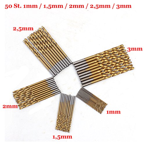 50Pcs HSS Titanium Coated High Speed Steel Twist Drill Bits Tool Set for Size 1mm 1.5mm 2mm 2.5mm 3mm
