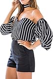 Simplee Apparel Women's Halter Off Shoulder V Neck Striped Blouse Shirt Crop Top