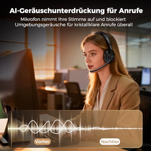 TECKNET V6.0 Bluetooth Headset with Microphone, Wireless Headset with AI Noise Cancelling Bluetooth Wireless Headphones PC On Ear with USB-C Receiver Office/Trucker/Call Centre - 50+ Hours Battery