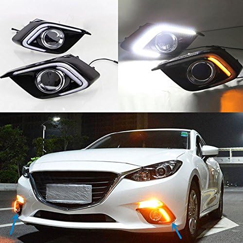 eeMrke Car LED Daytime Running Lights White DRL / Yellow Signal For Mazda 3 Since 2013