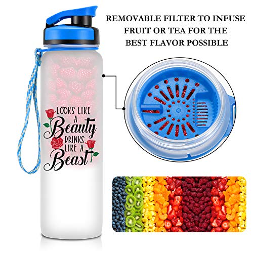 LEADO 32oz 1Liter Motivational Tracking Water Bottle with Time Marker - Looks Like a Beauty Drinks Like a Beast - Funny Birthday Gifts for Women Friends, Coworkers, Girls, Wife, Daughter, Sister, Her