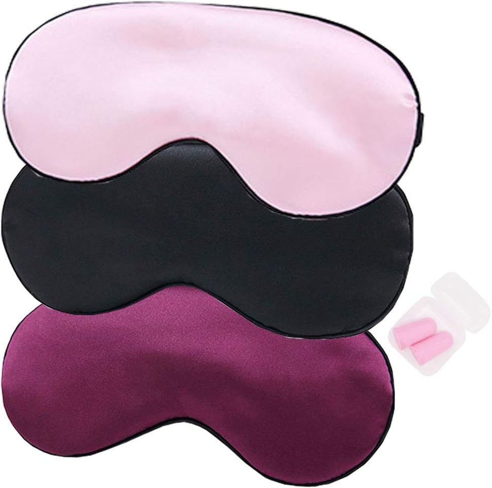 HappyDaily Elegant and Comfortable Silk Sleep Masks with Boxed Soft Foam Ear Plugs - Set of 3 (Pink/Purple/Black)