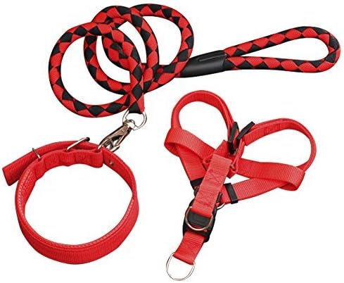 VV Dog Leash | Dog Walking Harness and Leash Set with Adjustable 4.9 ft Strap and Braided Rope for Extra Large Dogs | Sturdy Tangle-Free Waterproof Nylon Chrome Plating | Red Black | 1430.3