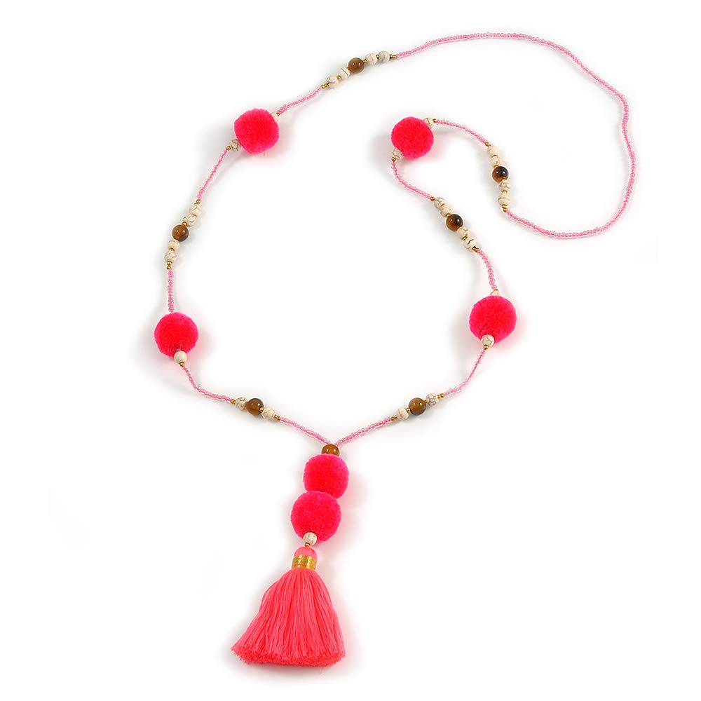 Avalaya Long Deep Pink/Neon Pink Glass Bead Pom Pom Tassel Necklace/ 88cm L/ 10cm Tassel