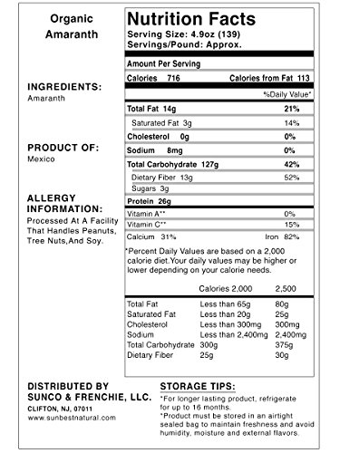 Sunbest Organic Amaranth, Whole Seeds in Resealable Bag,Premium Quality, Gluten Free - Non GMO - Vegan - Kosher-32 Ounce (2 Lb)