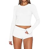INFITTY Sexy Pajama Set for Women 2 Piece Crew Neck Long Sleeve Pj Soft Top and Shorts Sleepwear Set