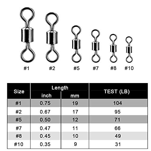 300Pcs Stainless Steel Rolling Barrel Fishing Swivel, Silver Nickel Ball Bearing Swivel, 100% Copper High Strength Snap Connector Fishing Accessories Fishing Tackle Box Kit #1, 2, 5, 7, 8, 10