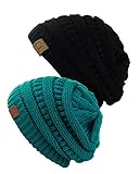 Unisex Trendy Warm Chunky Soft Stretch Cable Knit Slouchy Beanie Skully (Gift Set- Teal & Black)