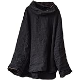NFYM Womens Long Sleeve Linen Peasant Tops High Low Mock Turtleneck Handmade Stitch Casual Loose Shirts