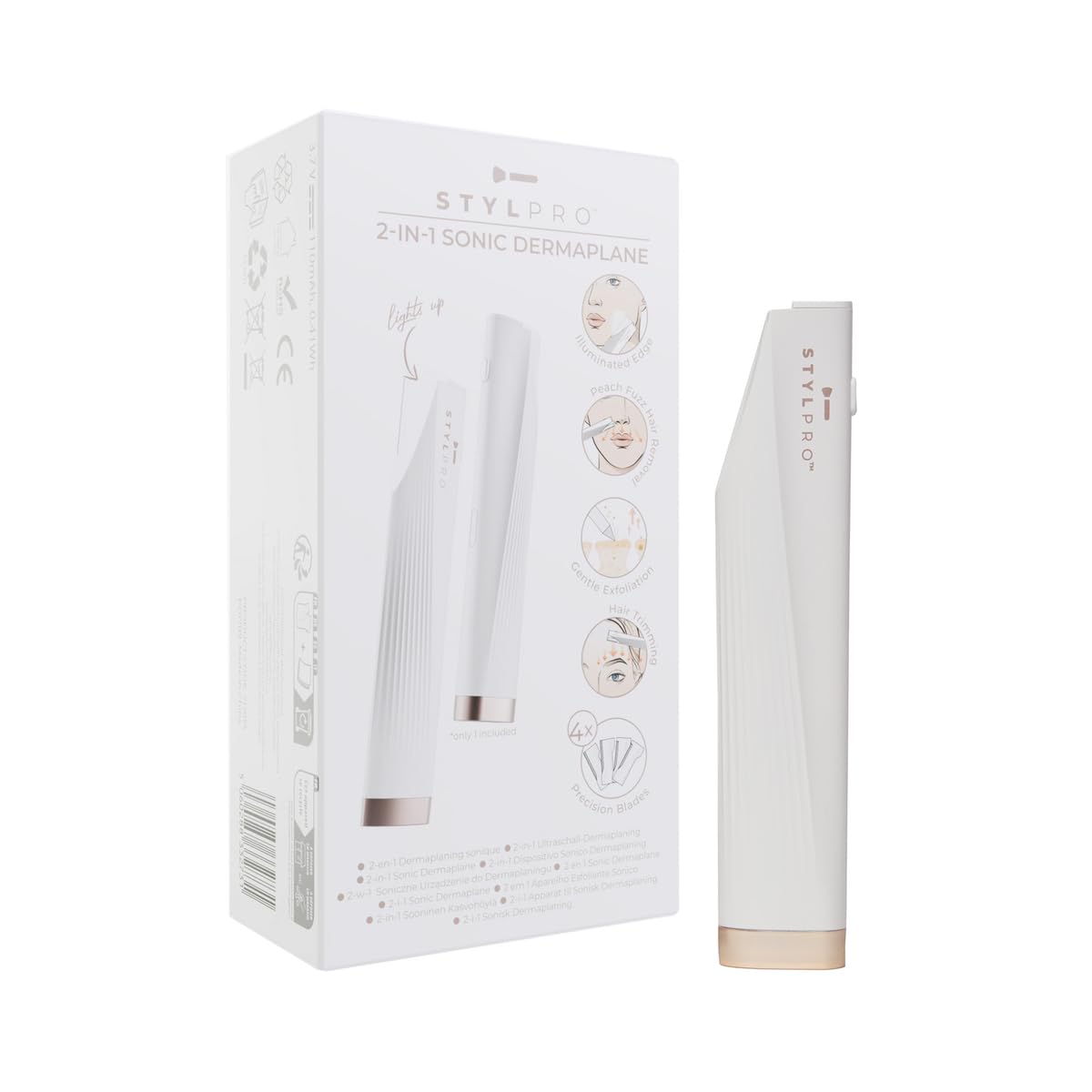 STYLPRO 2-in-1 Sonic Dermaplane & Trimmer: Illuminated Edge, Rechargeable, Wireless, Travel-Friendly. for Eyebrows, Peach Fuzz, Bikini Area. Safe, Painless Exfoliation with 3 Vibration Levels