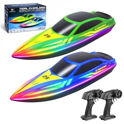 RC RC Boats 2 Pack 7 Modes LED 15km/h Speed 2.4GHz Remote Control Self Straightening Battery & Range Alerts 4 Rechargeable Batteries Pool & Lake Gift Boys Girls Gift