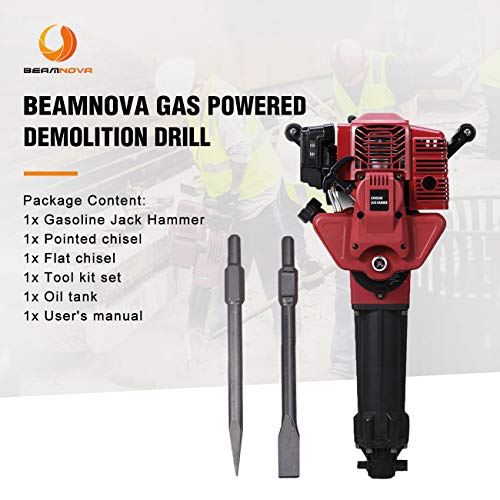 BEAMNOVA Demolition Hammer Gas Powered Demolition Drill Jack Hammer Hand-held Rock Drill with Point and Flat Chisel, Punch Single Cylinder, Gloves, Air Cooling