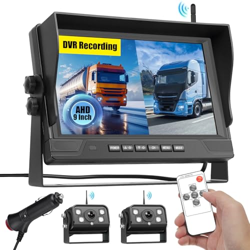 Fuluku Digital Wireless Rear View Camera with 9'' HD Monitor, 2 Waterproof Wide Angle License Plate Cameras and Night Vision, for 12V 24V Car/Truck/Coach/Pickup/SUV/Van/Camper