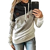 dsumvns Women's Casual Cowl Neck Pullover Hoodie Color Block Graphic Long Sleeve Drawstring Hooded Sweatshirt Tops