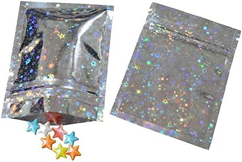 100PCS Colorful Self Sealing Ziplock Bags Laser Aluminum Foil Food Storage Mylar Snack Package Bags Heat Seal Notches Tear Packing Pouch For Wholesale Accessory Pouche (Laser Star, 10x15cm (4x6"))