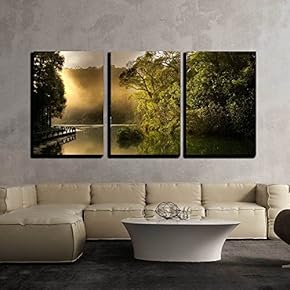 3 Piece Canvas Wall Art - Landscape of Morning Sunrise with Lake and Forest. - Modern Home Art Stretched and Framed Ready to Hang - 16"x24"x3 Panels
