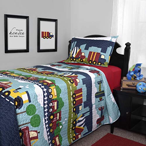 2 Piece Boys Blue Transportation Quilt Twin Set Fun Multi Automobile Construction Truck Tractor Cars Trains Planes Bedding Air Plane Car Trucks Tractors Train Themed Red Yellow Green Sky Navy White On