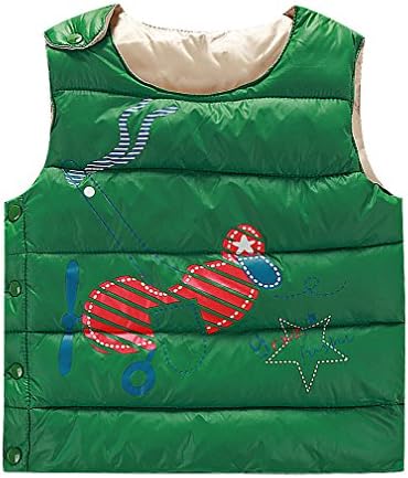 Pupik, Kids 1 Color Quilted Helicopter Print Side Buttoned Round Neck Waistcoat, Green 4T
