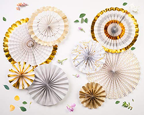 PapaKit Origami Wall Decoration Set (8 Assorted Round Paper Fans) Birthday Party Baby Shower Wedding Events Decor | Creative Art Design Pattern (Ivory & Marble with Metallic Gold Accent, 8 Piece Set)
