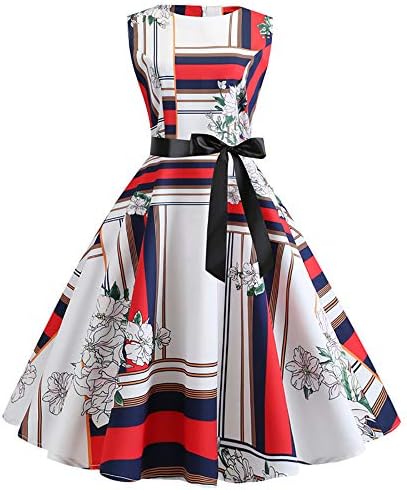 Quellfluss Women's Sleeveless Vintage Swing Casual Party Dress Floral Maxi Cocktail Evening Dress with Belt