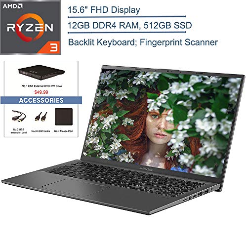 2020 ASUS VivoBook 15 15.6″ FHD Laptop Computer, AMD Ryzen 3 3200U (Beats i5-7200U) Up to 3.5GHz Processor, 12GB DDR4, 512GB SSD, AC WiFi, Windows 10 + EST External DVD+ Accessories