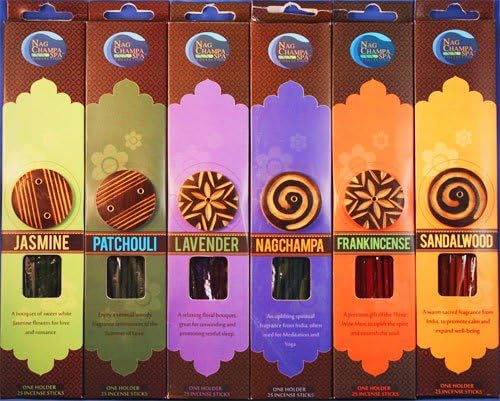 Popular Fragrances Incense Sampler- 25 Sticks X 6 Packs with Free Holders -Nag Champa, Sandalwood, Patchouli, Lavender, Jasmine &amp; Frankincense