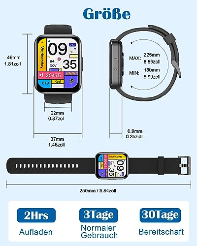 RUIMEN Smartwatch for Men and Women, Bluetooth Call Function, 1.85 Inch Fitness Watch with 100+ Sports Modes, SpO2 Heart Rate Monitor, Sleep Monitor, Pedometer, IP68 Waterproof, AI Voice Assistant for Android iOS Mobile Phone