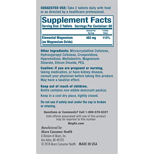 MAG-OX MAGNESIUM SUPPLEMENT, PHARMACEUTICAL GRADE MAGNESIUM OXIDE 483MG, MOST CONCENTRATED FORM OF MAGNESIUM, 120 TABLETS