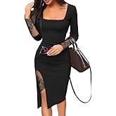 Ninimour Women's Long Sleeve Bodycon Dress Square Neck Lace Patch Cocktail Party Dress Elegant Side Slit Midi Dress