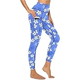 Women's Workout Leggings with Pockets Floral High Waisted Tummy Control No See Through Stretch Activewear Running Yoga Pants