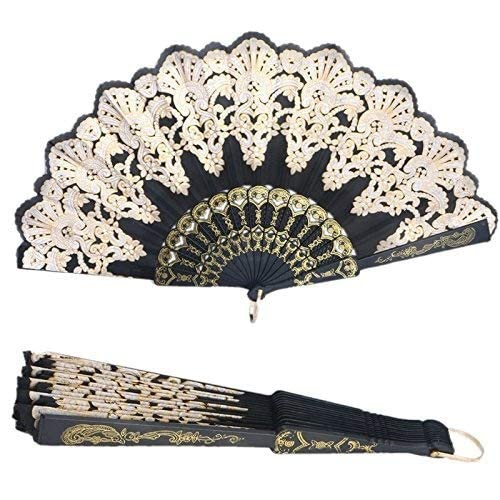 SOZA Hand Folding Fan Favors, Hand Held Black Spanish Style Fans Fashion Peacock Handheld Fan Christmas Party Favor Wedding Dancing Party Prom Decor Flower Fan for Women and Girls (Black)