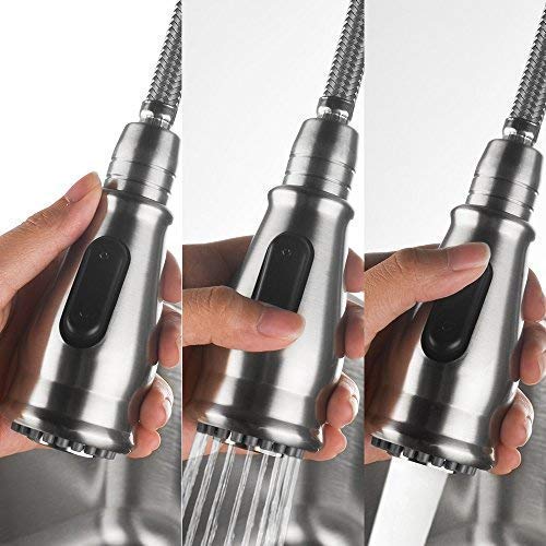 Yohom 1 or 3 Hole Commercial Stainless Steel Kitchen Sink Faucets with Pull Out Dual Function Sprayer, Porcelain Single Handle Pull Down Kitchen Faucet with 10” Hole Cover Deck Plate Brushed Finish - Thumbnail 2