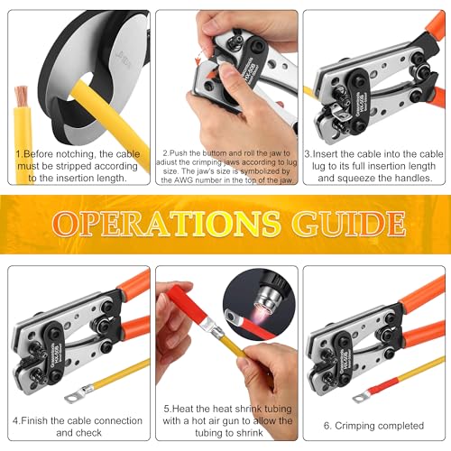 Battery Terminals Crimping Pliers with 60 pieces copper ring terminals, 8 sizes of terminals and 60 pieces heat shrink sleeves.