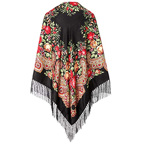 Traditional Ukrainian Scarf and wrap with Tassel Pavlovo Posad Shawl for Women (Black)