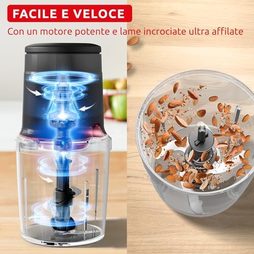 Easy Press, Tritatutto Elettrico con Potente Motore da 600W, 4 Lame Affilate in Acciaio Inox, Capacità di 500ml, Colore Hippo Iron, AT740H