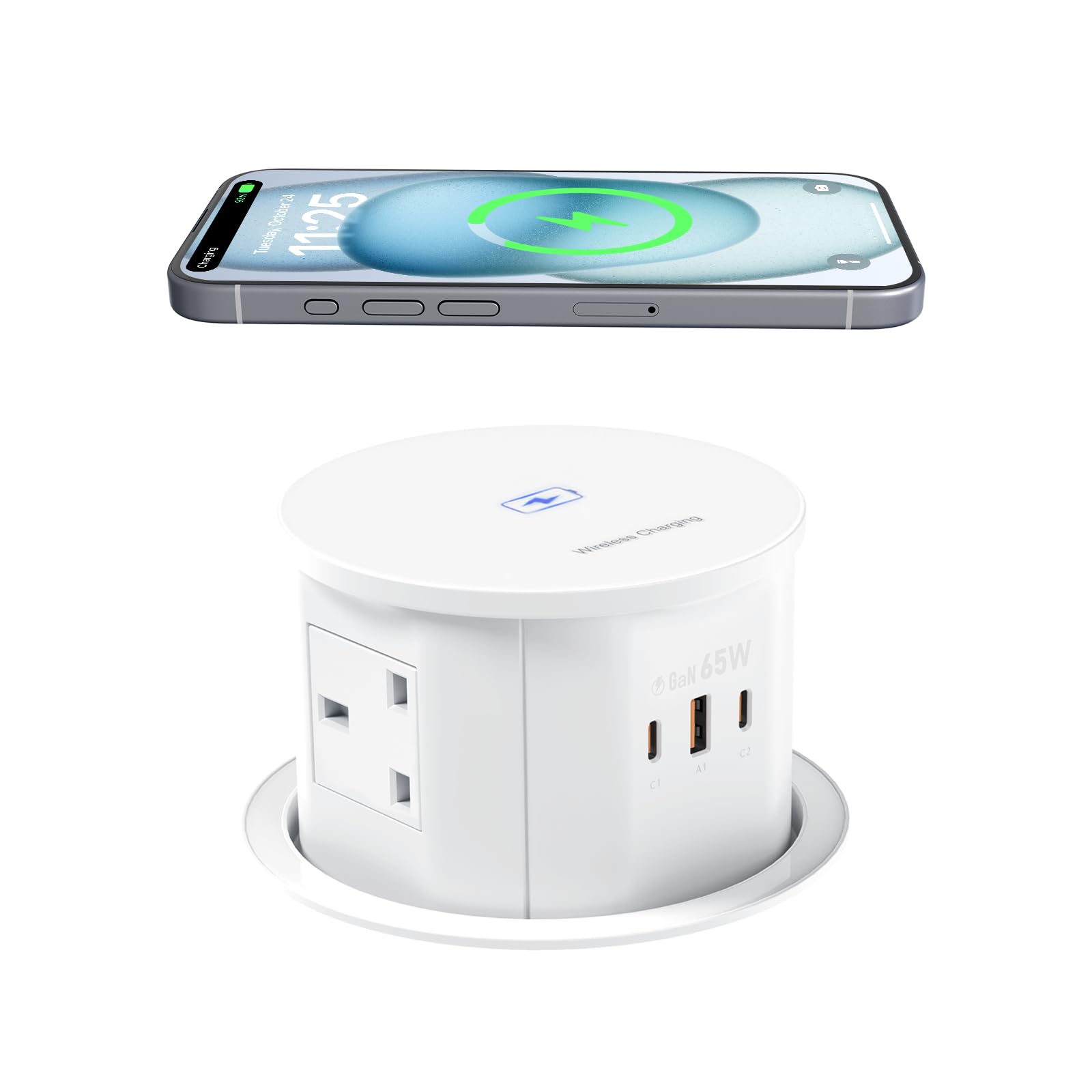 Pop up Socket with 15W Wireless Charger,65W USB C Charging Station,4 Way Outlets,4.7'' Hole Pop Up Outlet for Kitchen Worktops