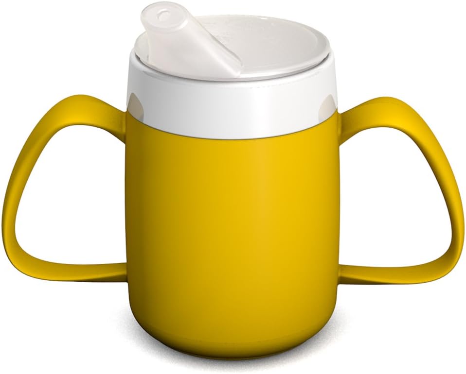Ornamin Two Handled Mug with Internal Cone 140 ml Yellow with Spouted Lid with Small Opening (Model 815 + 806)