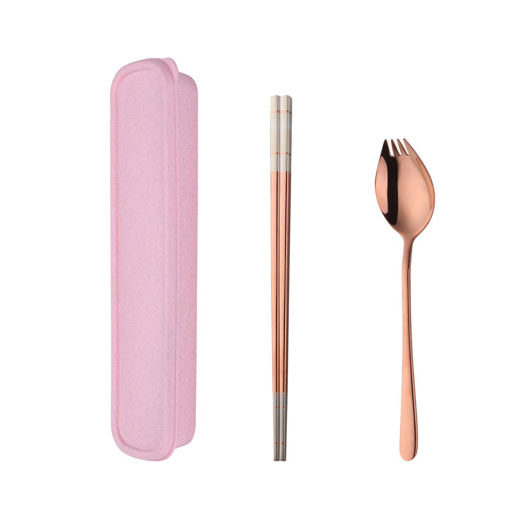 SBOMHS Portable Cutlery Set with Case Chopsticks 3 in 1 Spork (Spoon Fork Knife) Set Gift Box 18/10 Stainless Steel(Rose Gold)