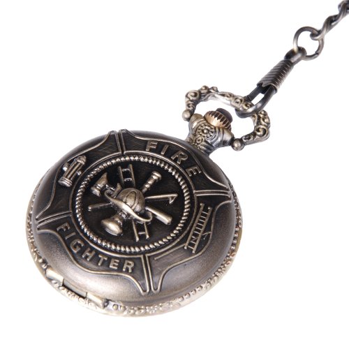 Pocket Watch Quartz Fire Fighter Case with Chain Full Hunter Neo Vintage Steampunk Design PW-30